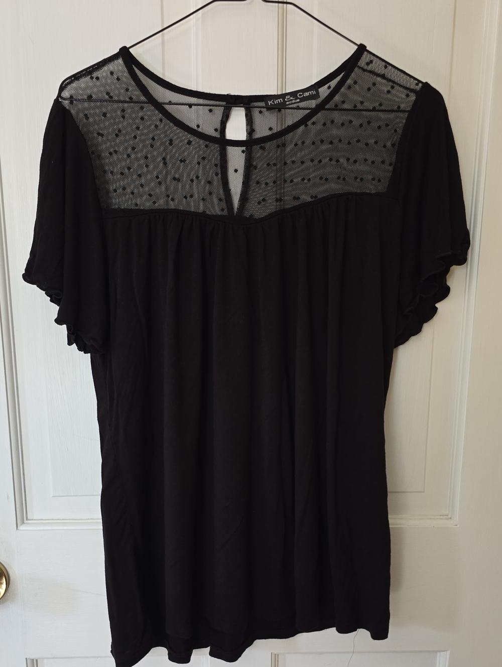 Kim & Cami Black Dot Mesh Yoke Short Sleeve Blouse Whimsigoth Size M